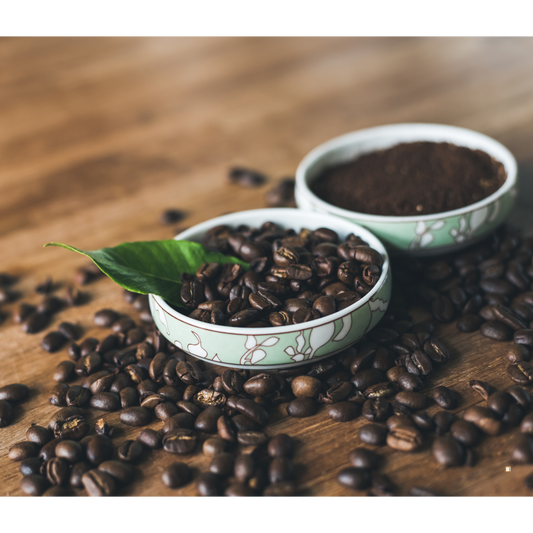 bowl of decaf ground coffee beans and grounds