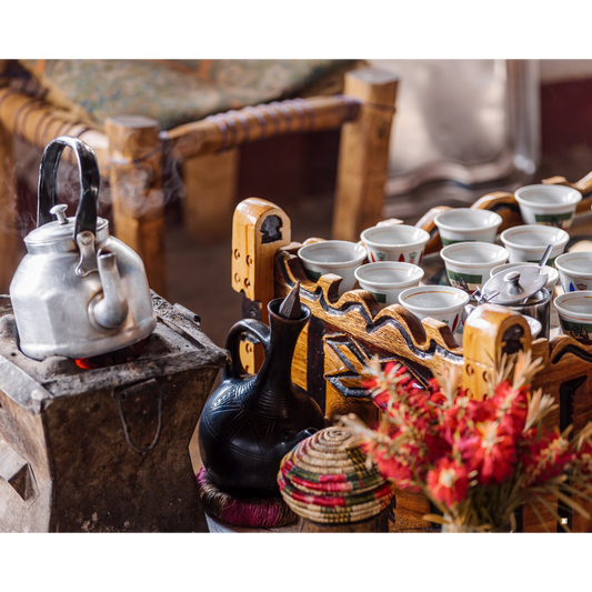 ethiopian yirgacheffe coffee tray with filled cups