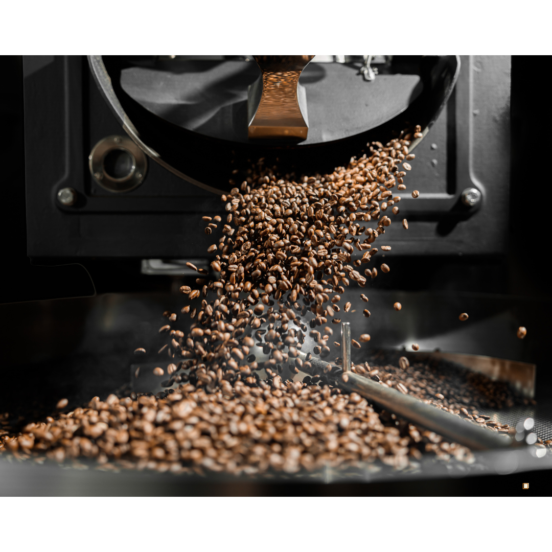 small batch coffee beans falling into roaster cooling bin