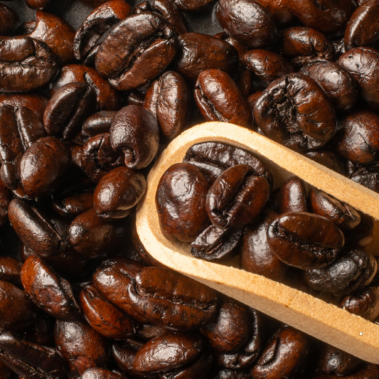 small batch coffee beans in a wooden scoop