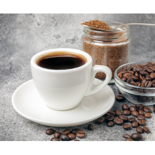 small batch roasted decaf ground coffee brewed in a cup and grounds in a jar