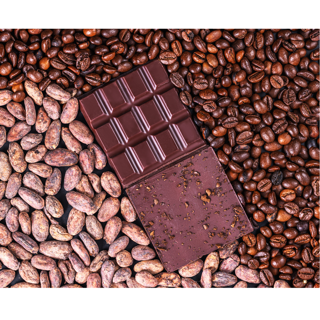 tanzanian peaberry coffee beans surrounding a chocolate bar