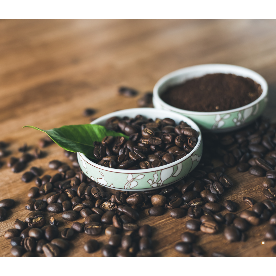 bowl of decaf ground coffee beans and grounds