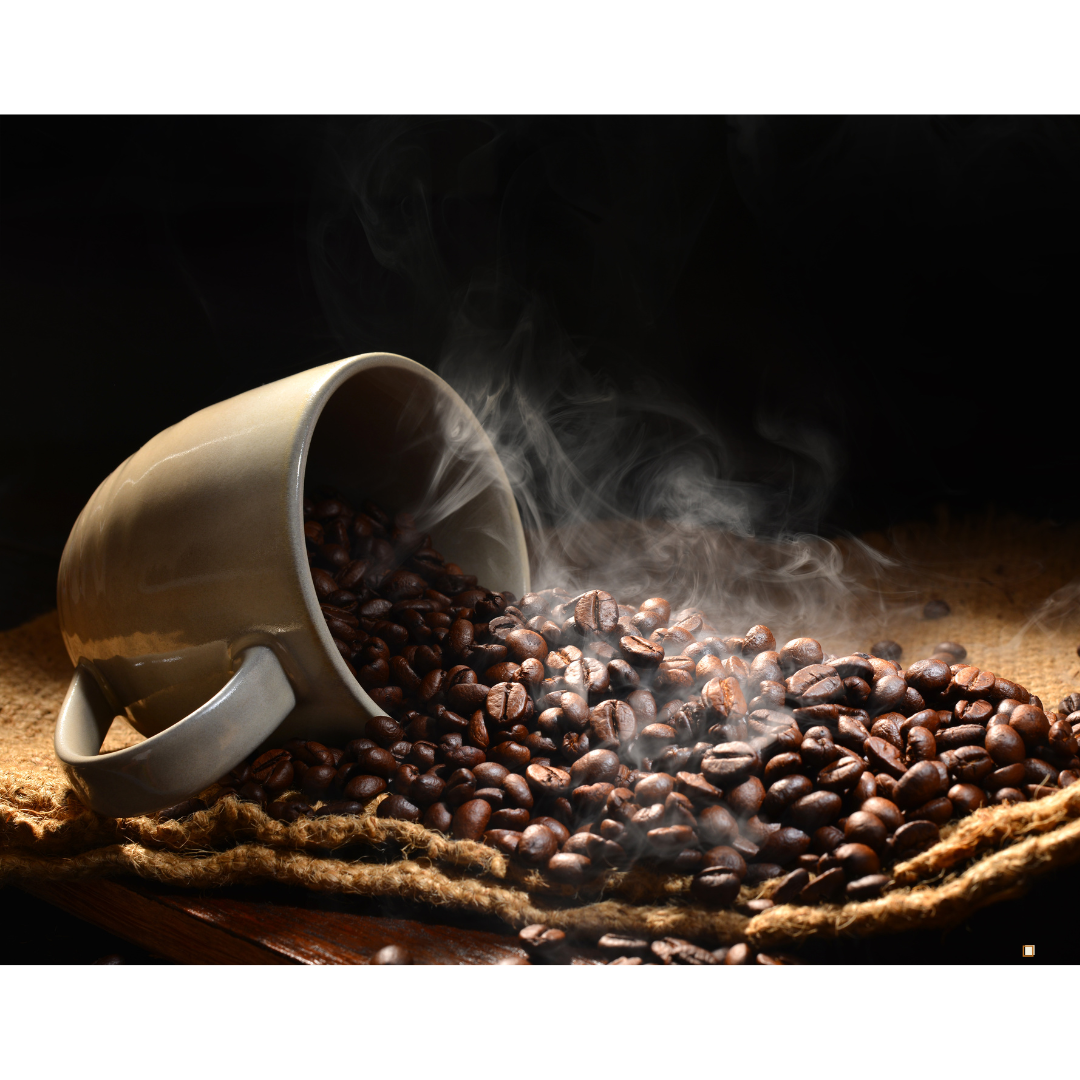 cup of small batch coffee beans steaming