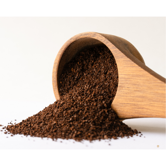 decaf ground coffee wooden scoop