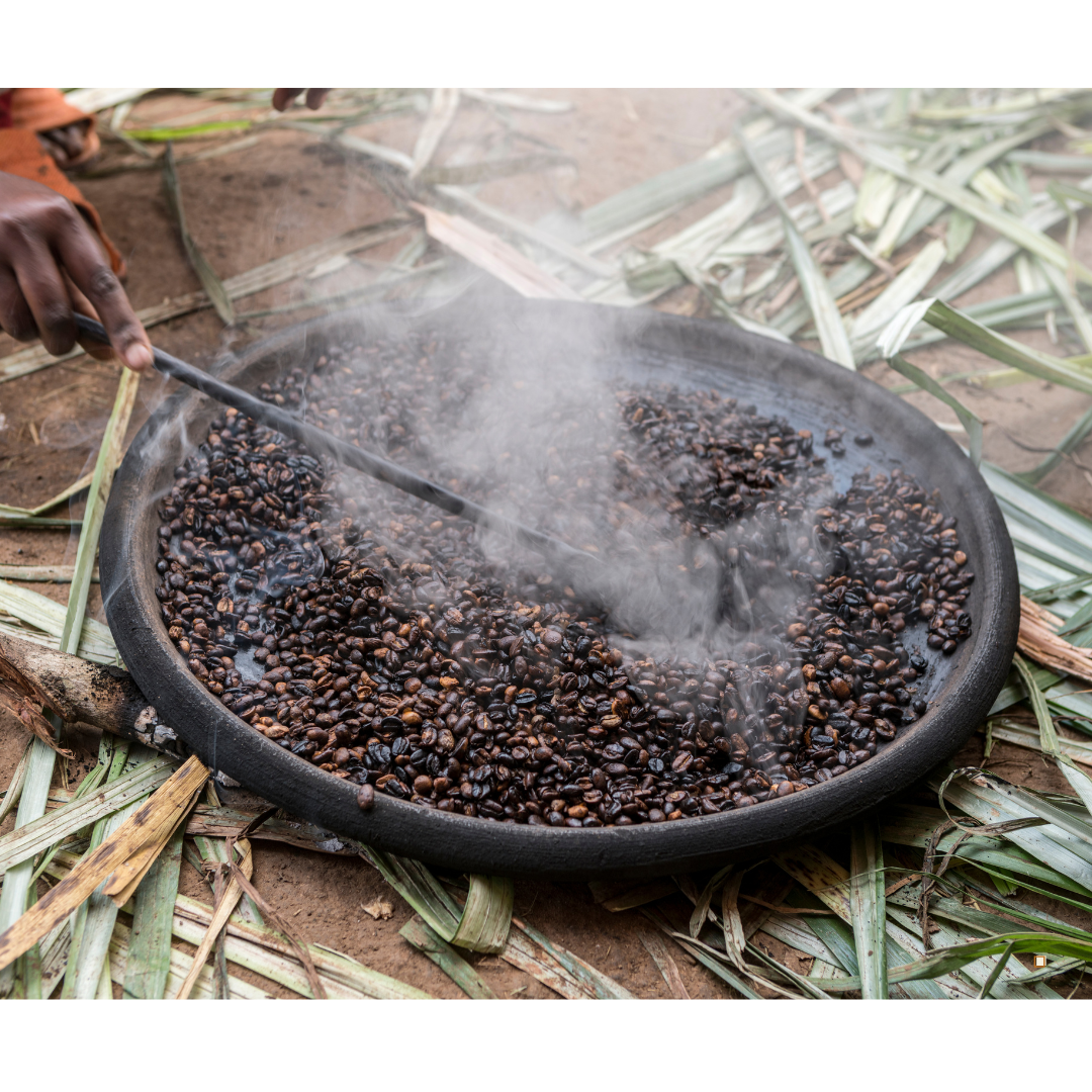 ethiopian yirgacheffe coffee beans roasting in a pan