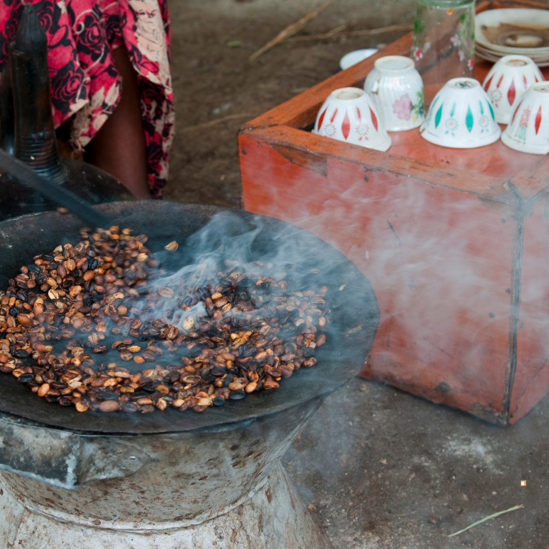 ethiopian yirgacheffe coffee in a pan over campfire