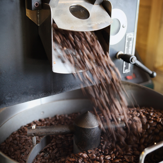 small batch coffee roaster bean transfer to cooling bin
