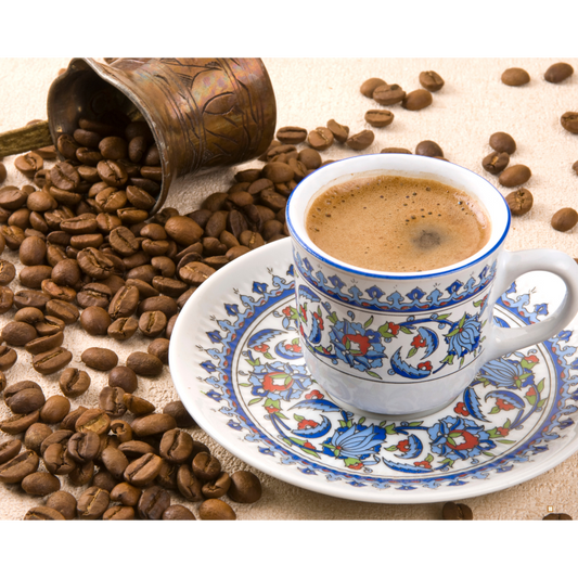 small batch roasted ethiopian yirgacheffe coffee in a colonial pattern cup