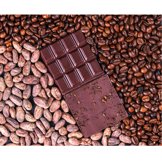 tanzanian peaberry coffee beans surrounding a chocolate bar
