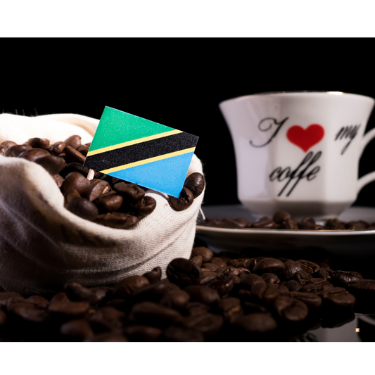 tanzanian peaberry coffee beans with coffee cup