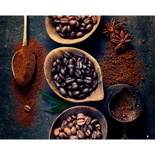 whole bean decaf coffee in wooden bowls