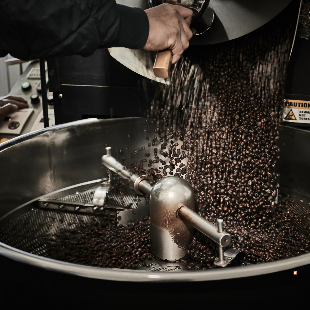 italian roast beans emptying into cooling bin